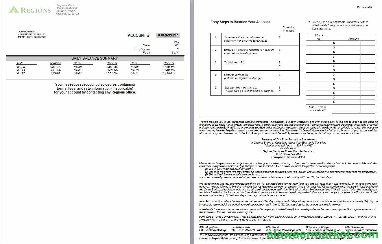 USA Tennesse Regions bank statement, 4 pages, version 2, 3-4 scr